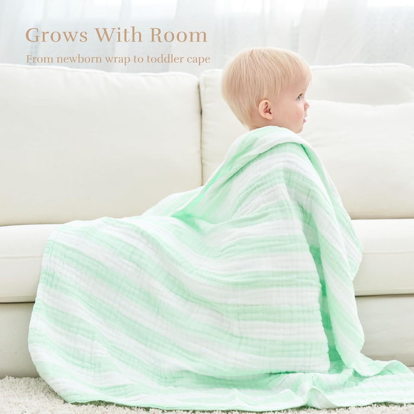Muslin Baby Bath Towel Set, 2 Large Gauze Super Soft Baby Bath Towel and 3 Washcloths, 6 Layers 100% Cotton Infant Towel Newborn Towel Blanket Suitable for Baby's Delicate Skin(Green)