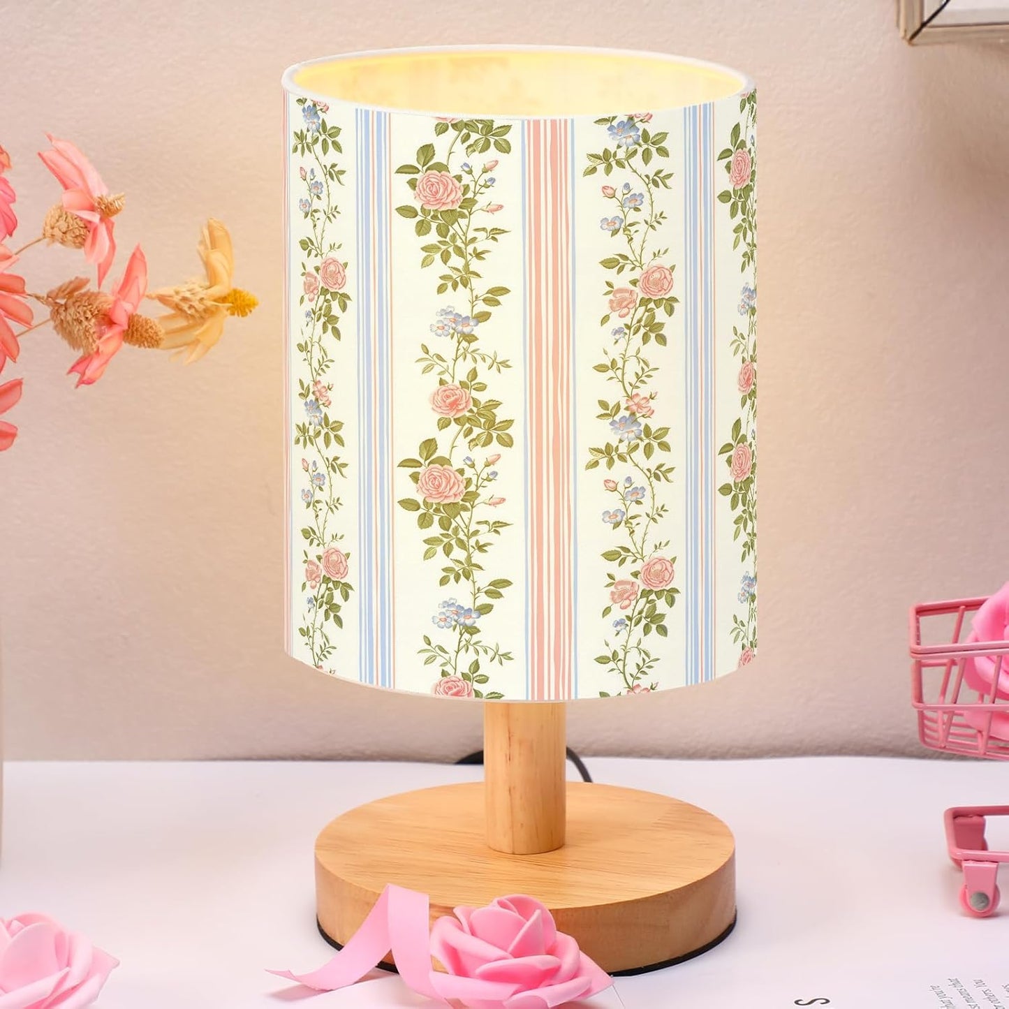 VIHOSE Preppy Kids Table Lamp for Bedroom Kids Bedside Lamp with Linen Wooden Nightstand Cartoon Nursery Lampshade for Girls Boys Living Room