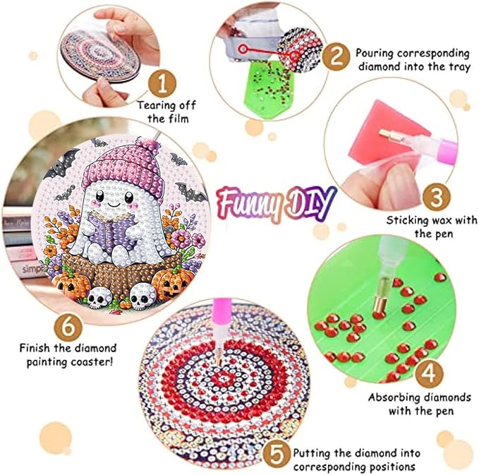 8 Pack Diamond Art Coasters, Halloween Ghost Diamond Painting Coasters Kits |