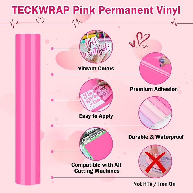 TECKWRAP Pink Permanent Vinyl Sheets – 12" x 12" 16 Assorted Colors