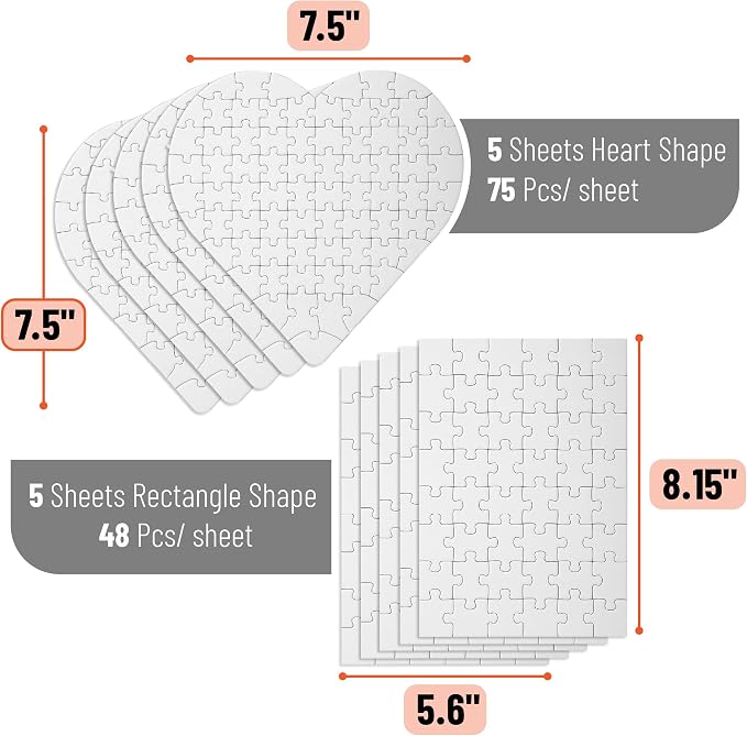 Mr. Pen- Blank Puzzle, 10 Pack | 48-Piece Rectangle & 75-Piece Heart Shaped All