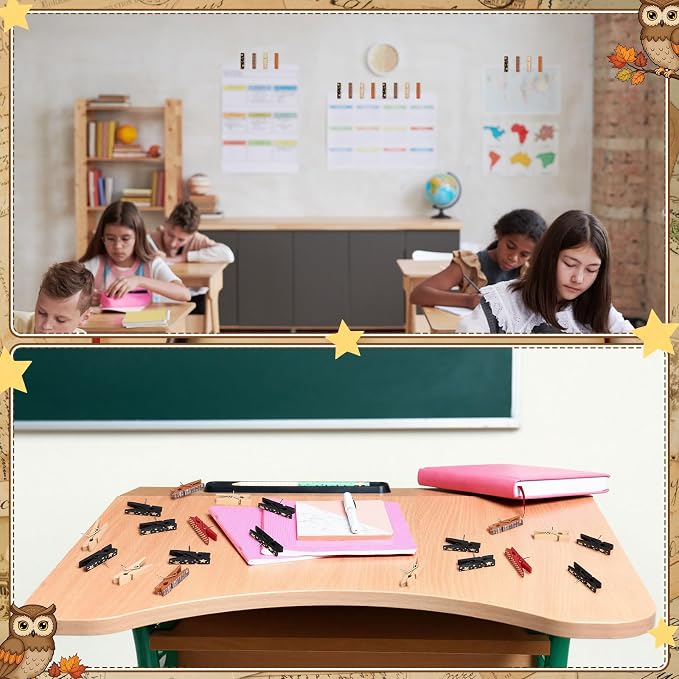 LemonRoad 60 Pcs Push Pin with Wooden Clips Teacher Cork Board Artworks