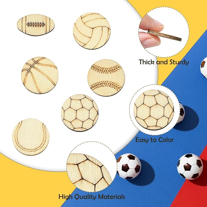 200 pcs Mixed Styles Sport Theme Undyed Wood Cutout Charms Basketball Football