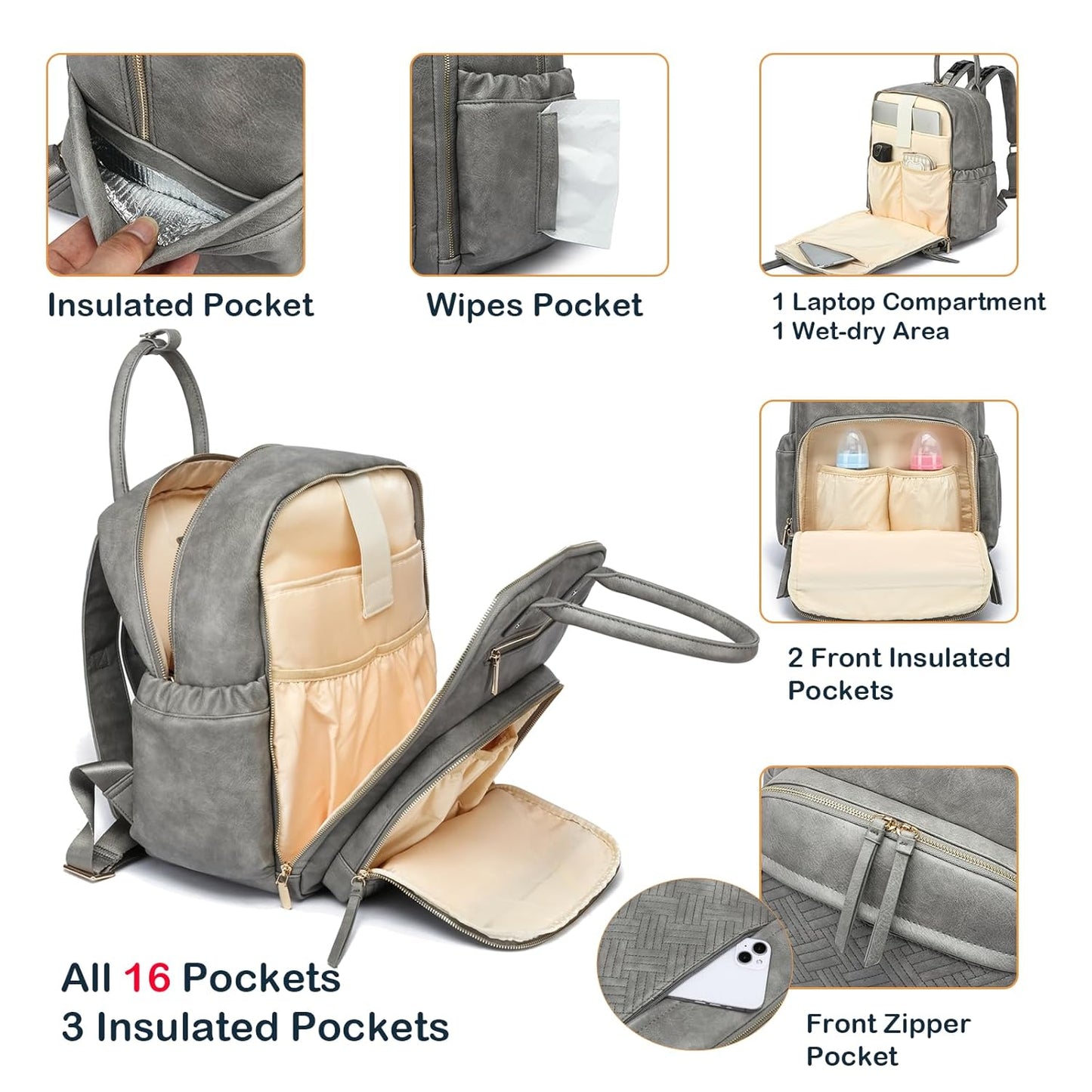 Leather Diaper Bag Backpack for Women with Multiple Pockets,Laptop Compartment and Changing Pad.