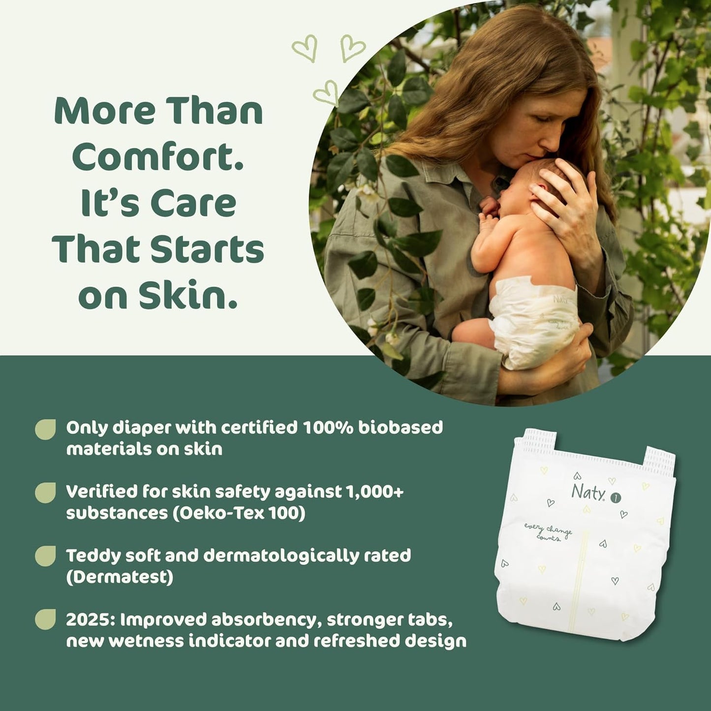 Naty BioEmbrace Baby Newborn Diapers Size 1 (4–11 lbs) | 100% Biobased on Skin | Plant-Based Softness | Dermatologically Tested, Super Absorbent | 100 Count