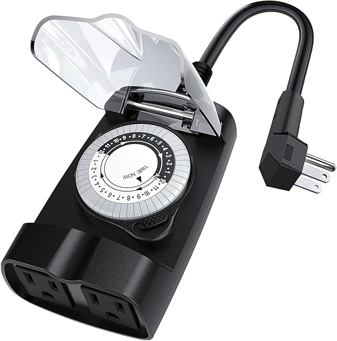 G-ELEK Outdoor Timer Waterproof, 24 Hour Light Timer, Timers for Electrical Outlets, Ideal for Pool Pump, Christmas Lights, Heavy Duty, 2 Grounded Outlets, ETL Listed, Black