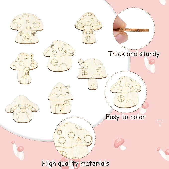 200 Pcs Unfinished Wooden Mushroom House Cutouts Blank Wood Slices Wooden