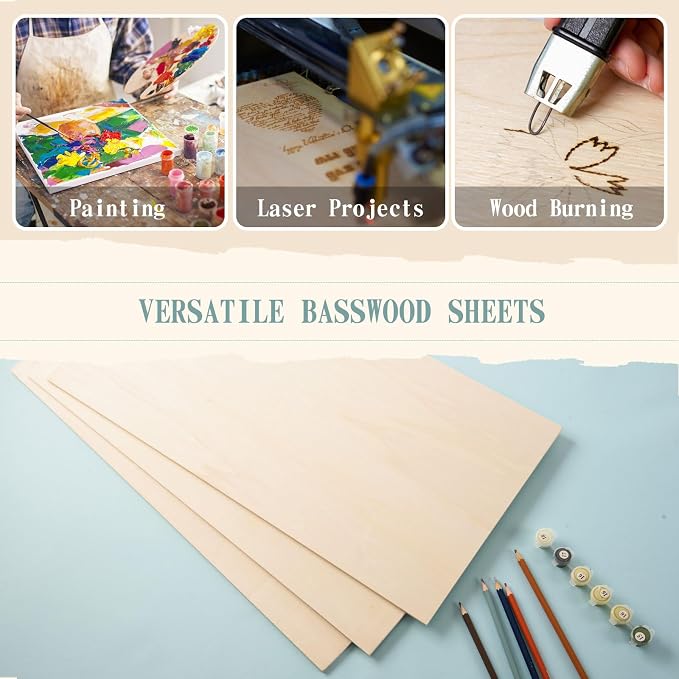 6 Pack 12 x 24 x 1/4 Inch-6mm Thick Basswood Sheets