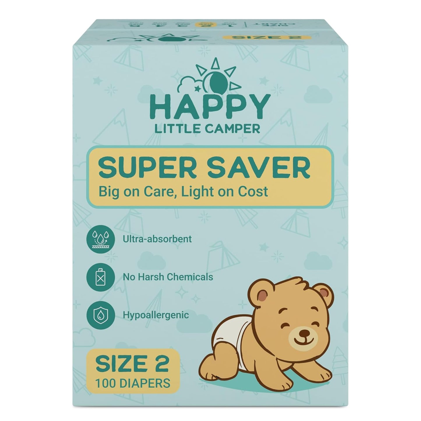 Happy Little Camper Super Saver Diapers, Size 2, 100 Count | Budget-Friendly Disposable Baby Diapers for Sensitive Skin | Hypoallergenic, Fragrance-Free, Ultra Absorbent