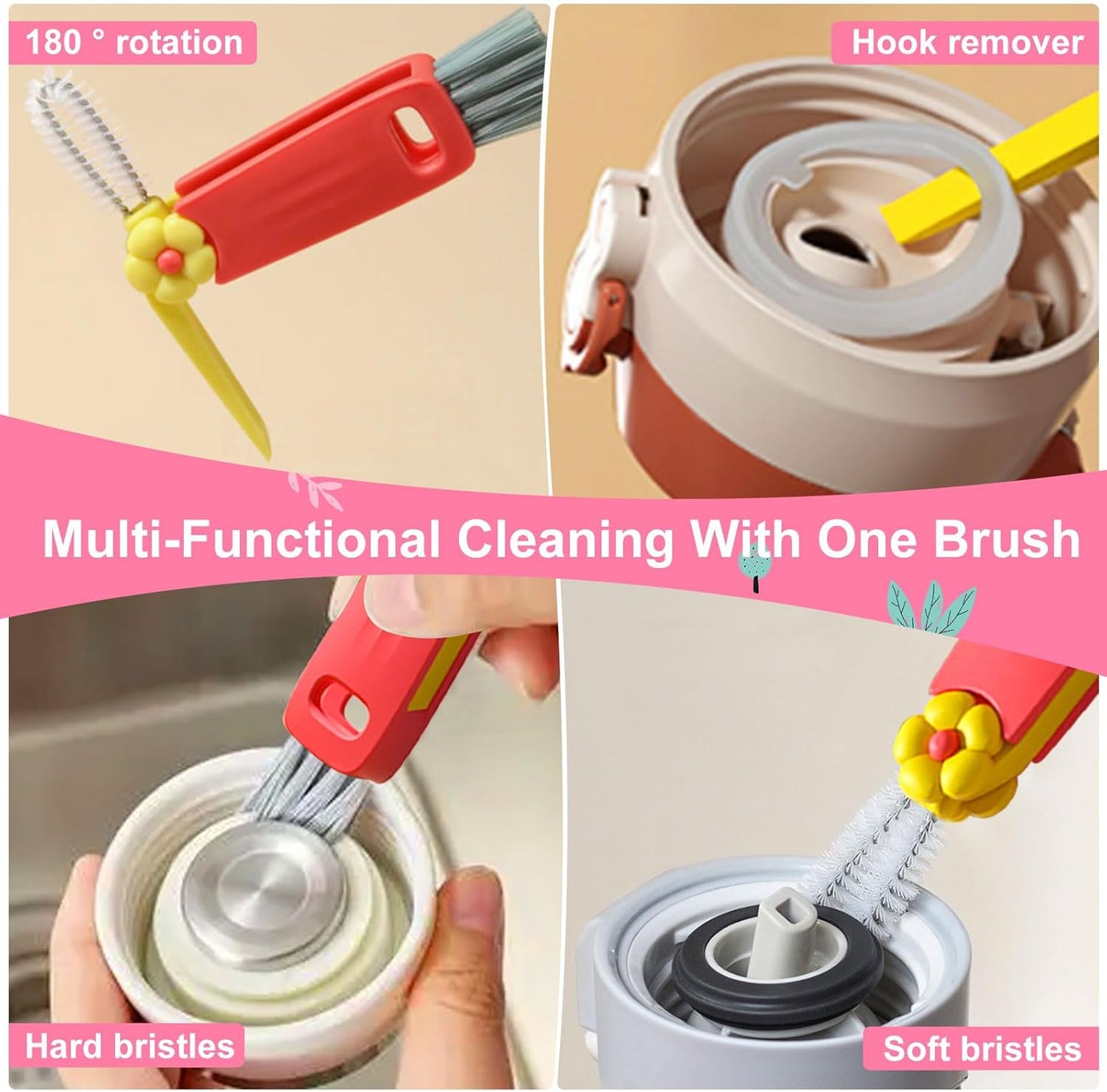 3 in 1 Water Bottle Cleaning Brush - Cup Lid Brush, Multifunctional Portable Gap Crevice Cleaning Brush for Bottle Tight Spaces Cup and Sealed Food Storage containers with lids