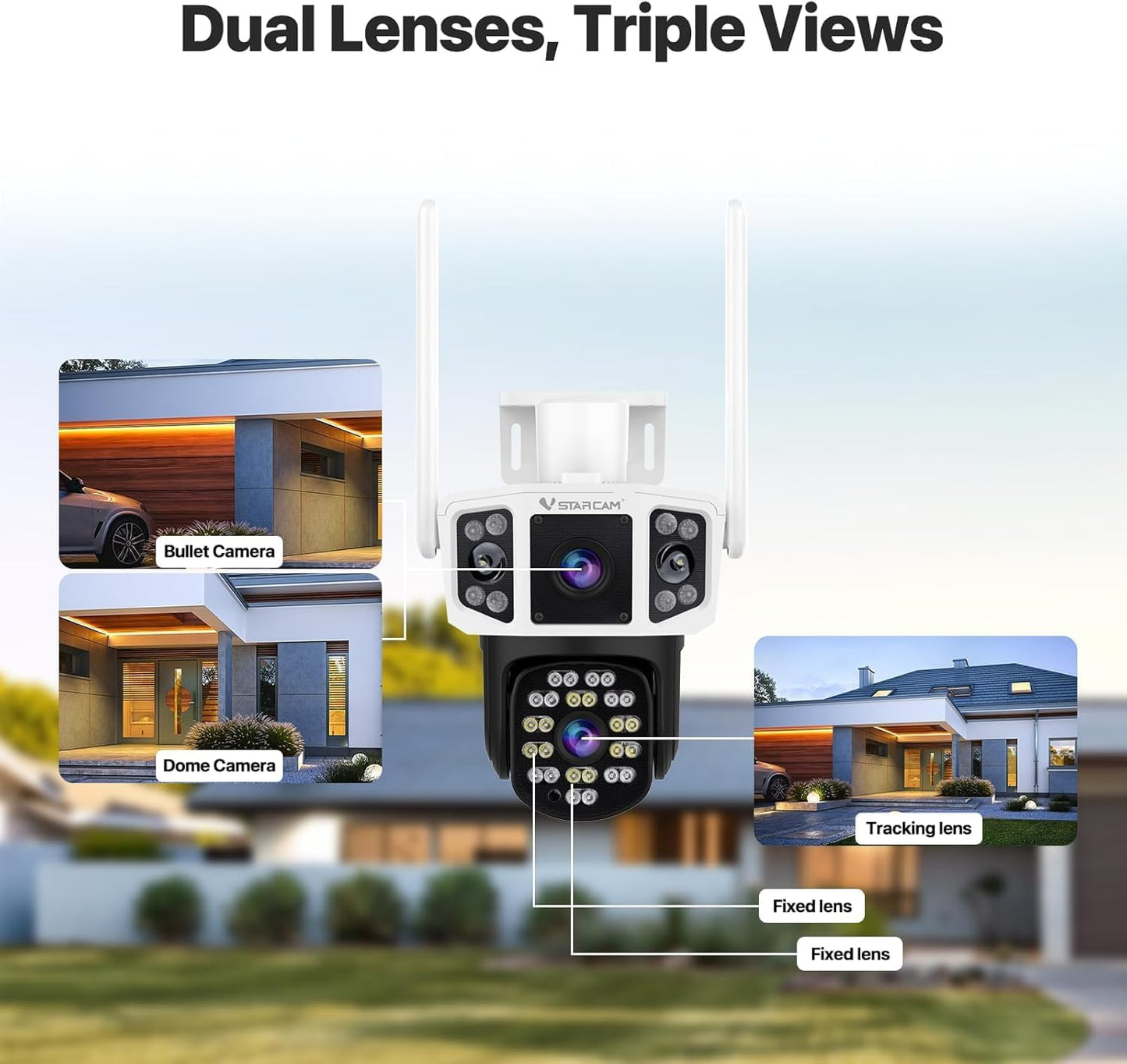 VSTARCAM Outdoor Security Camera Wireless, 2K Dual-Lens with 3-Way Display, 360° View, Color Night Vision, PIR Motion Detection, Spotlight Siren Alarm, 2-Way Talk, IP66 Weatherproof, Cloud/SD Storage