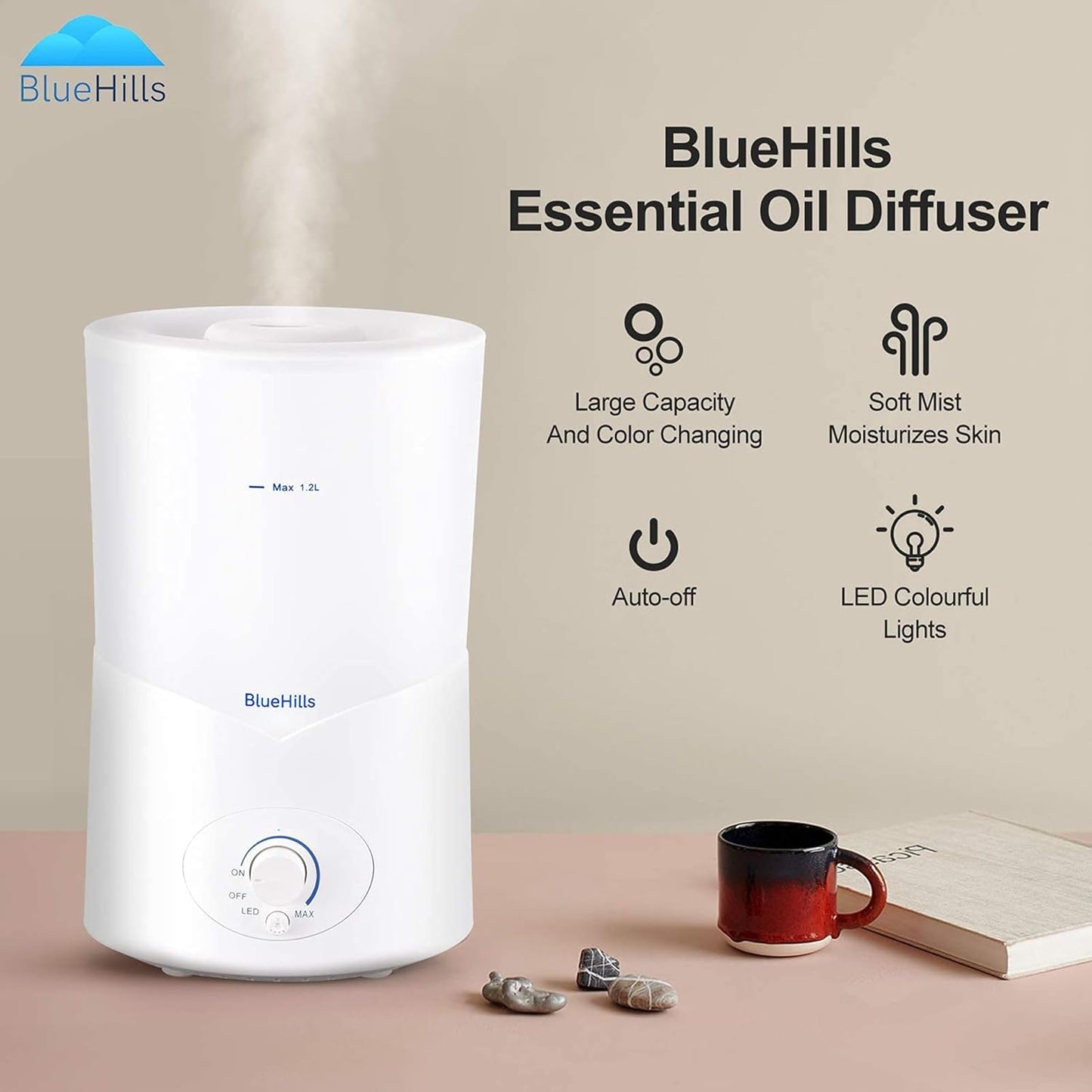 BlueHills Large 1000 ML XL Essential Oil Diffuser White Aromatherapy Humidifier 1 Liter Capacity for Big Living Area Baby Room Home Long Run Huge Coverage Area High Mist Large Size 1L A1