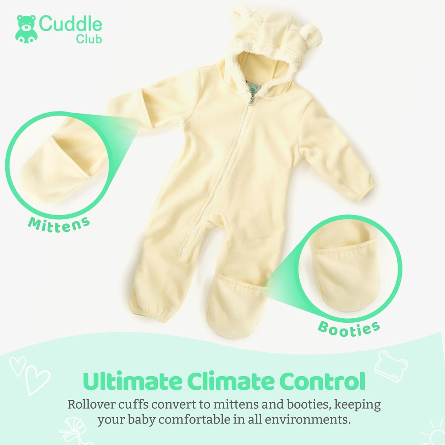 Cuddle Club Fleece Baby Bunting Bodysuit with Hood, Convertible Mittens & Booties, Car Seat Friendly, Soft & Warm, Easy Zip