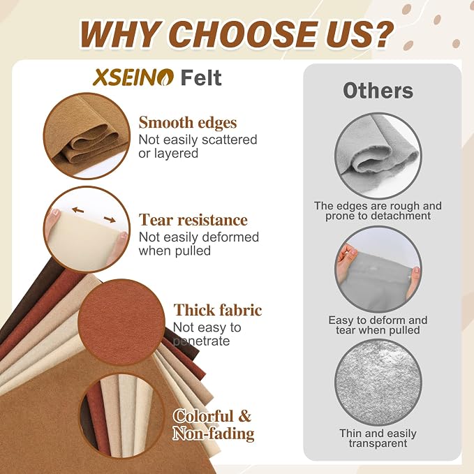 XSEINO 6 Rolls 12"x35" 1.4mm Thick Soft Felt Fabric Sheet 6 Assorted Earth Tone