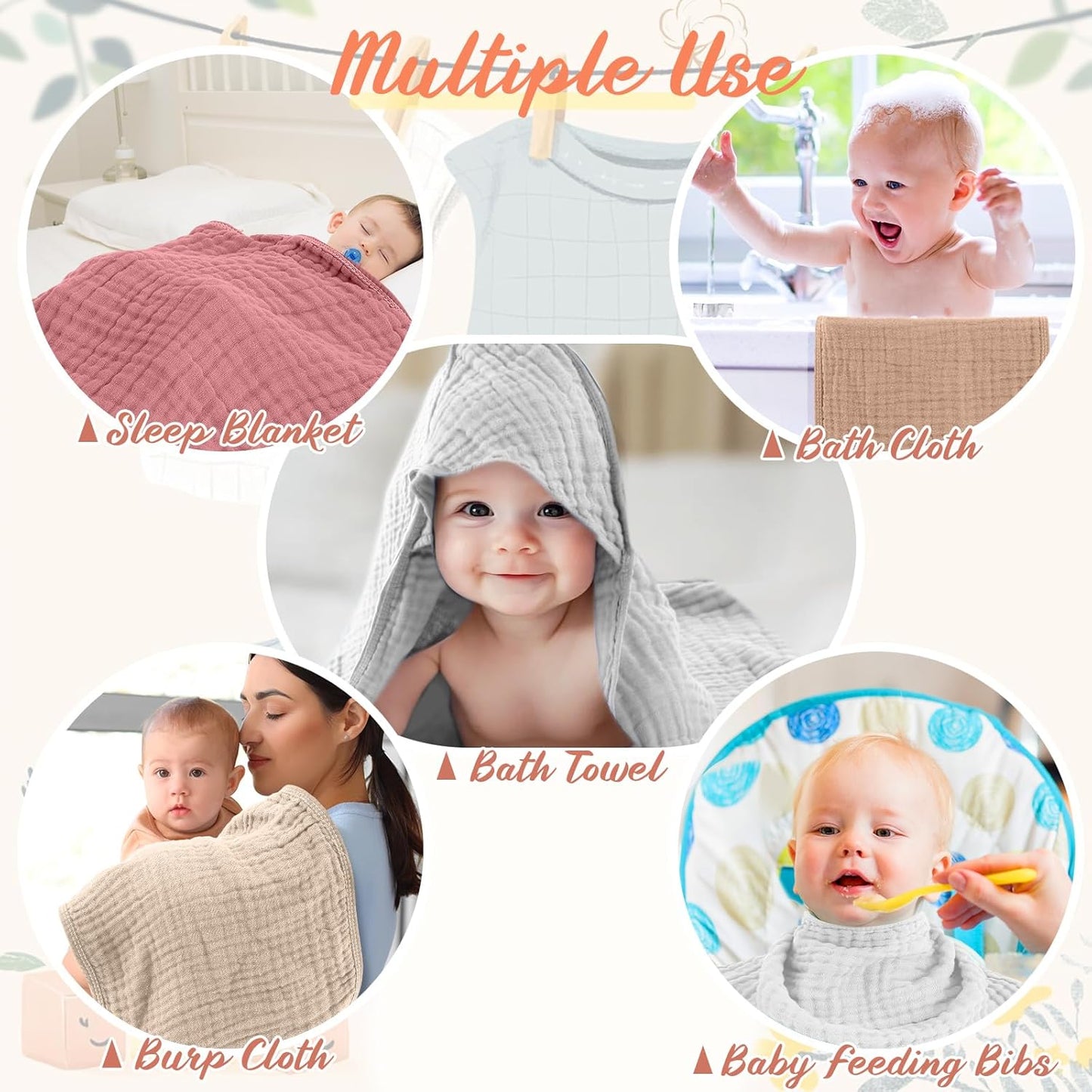 VitalCozy 12 Pcs Baby Muslin Hooded Bath Towels and Washcloths, 32 x 32 Inch Muslin Cotton Hooded Baby Towels Absorbent Hooded Blankets for Gift Newborn Infant Shower (Pink Beige Series)