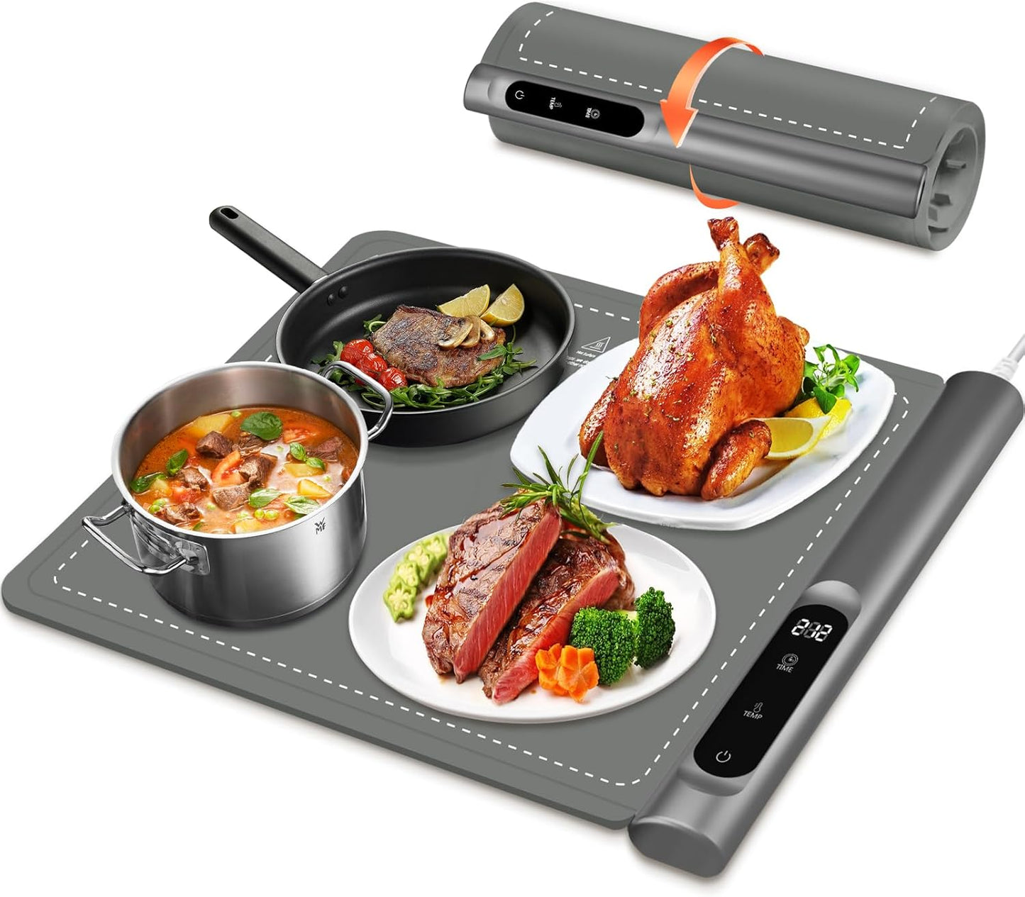 Upgrade Graphene Warming Mat for Food, Rapid Heating Food Warming Mats for Countertop with 6 Temps & Timer Settings, Portable Electric Warming Tray for Buffets Party, Gray