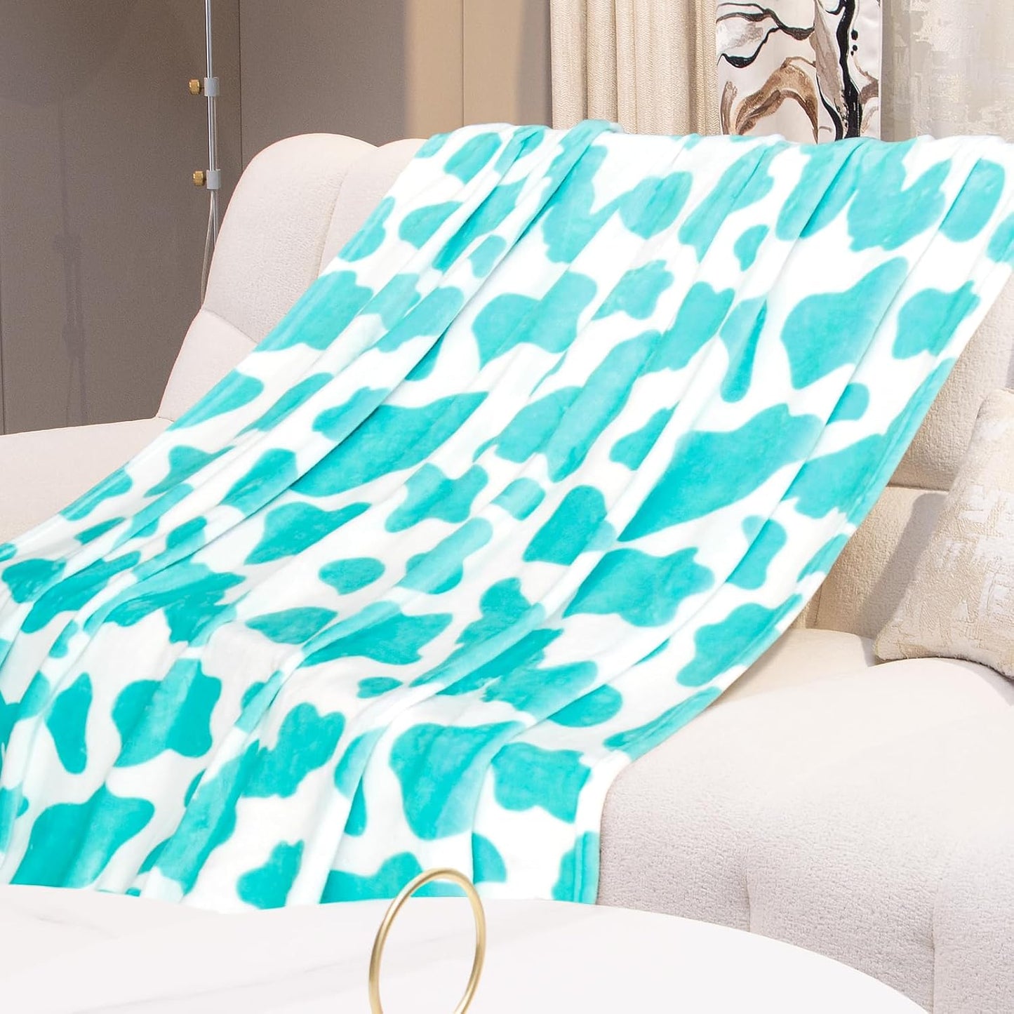 Blue Cow Print Twin Blanket - Lightweight Fuzzy Soft Throw for Bed, Sofa, Dorm, Couch - Cozy Cyan Gifts for Teens Girls Bedroom Decor