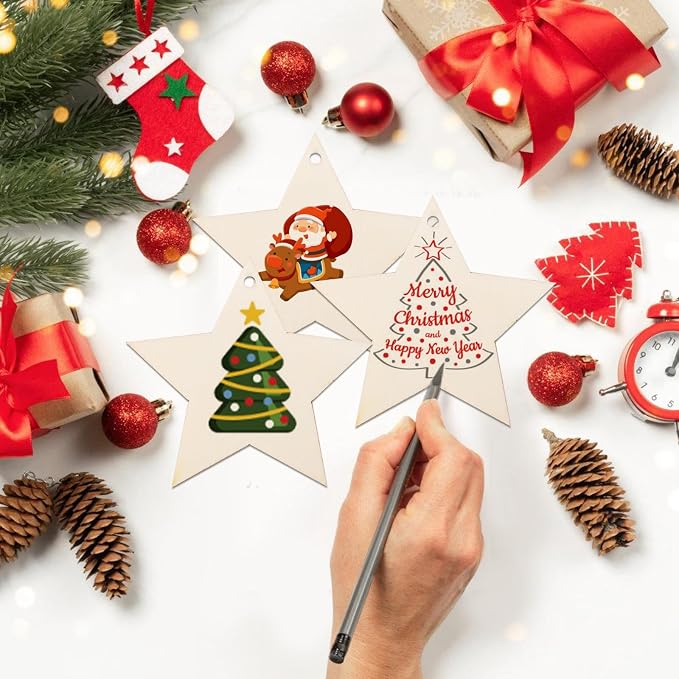 50Pcs Unfinished Wooden Stars Ornanents Independent Christmas Decoration