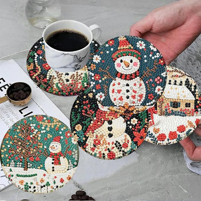 ijbnhd 8 PCS Diamond Art Coasters, Christmas Snowman Cork Wooden Pad | Diamond