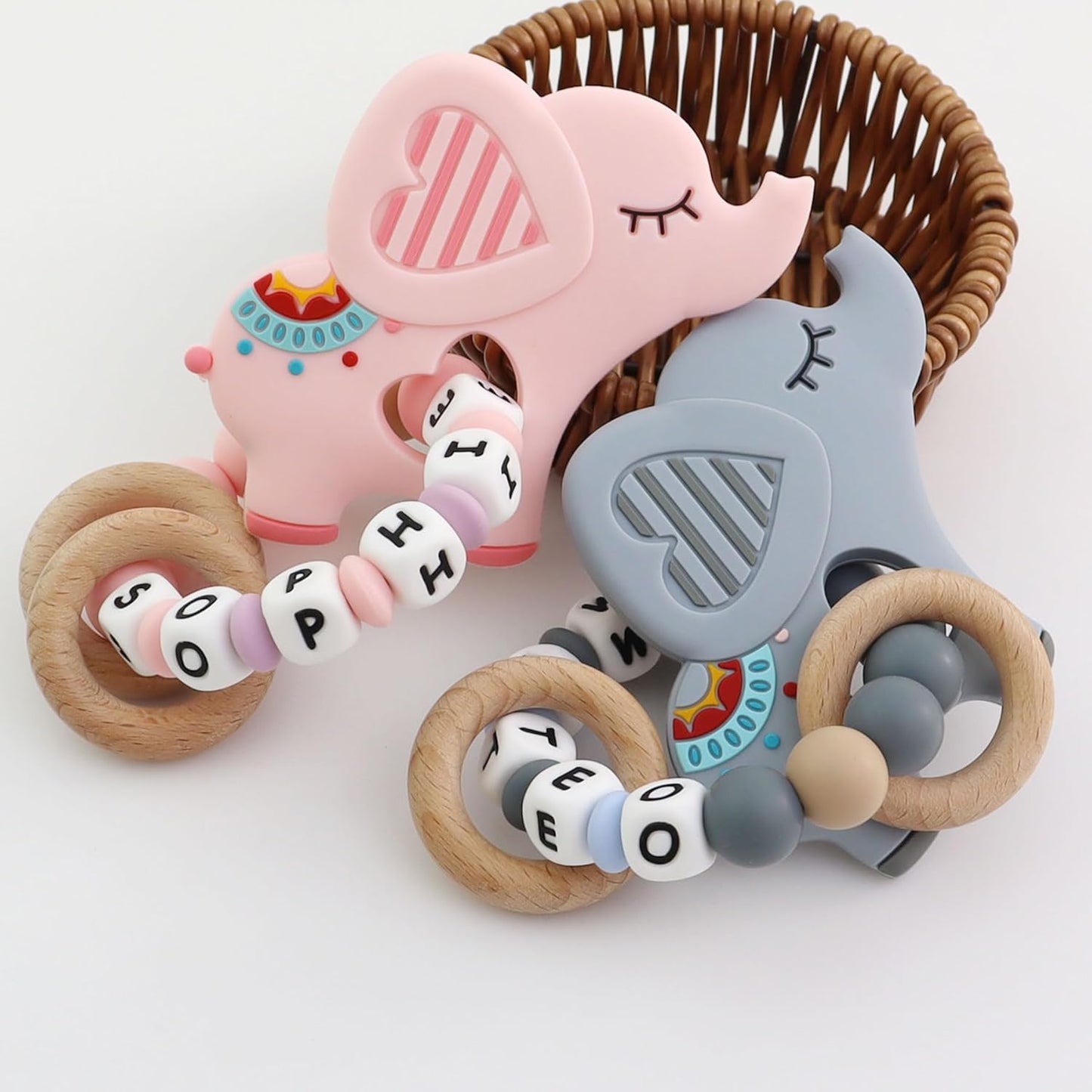 Personalized Baby Teether Rattle with Name – Custom Wooden Teething Toy for Boys & Girls – Handmade Elephant Keepsake Baby Shower Gift (Pink)