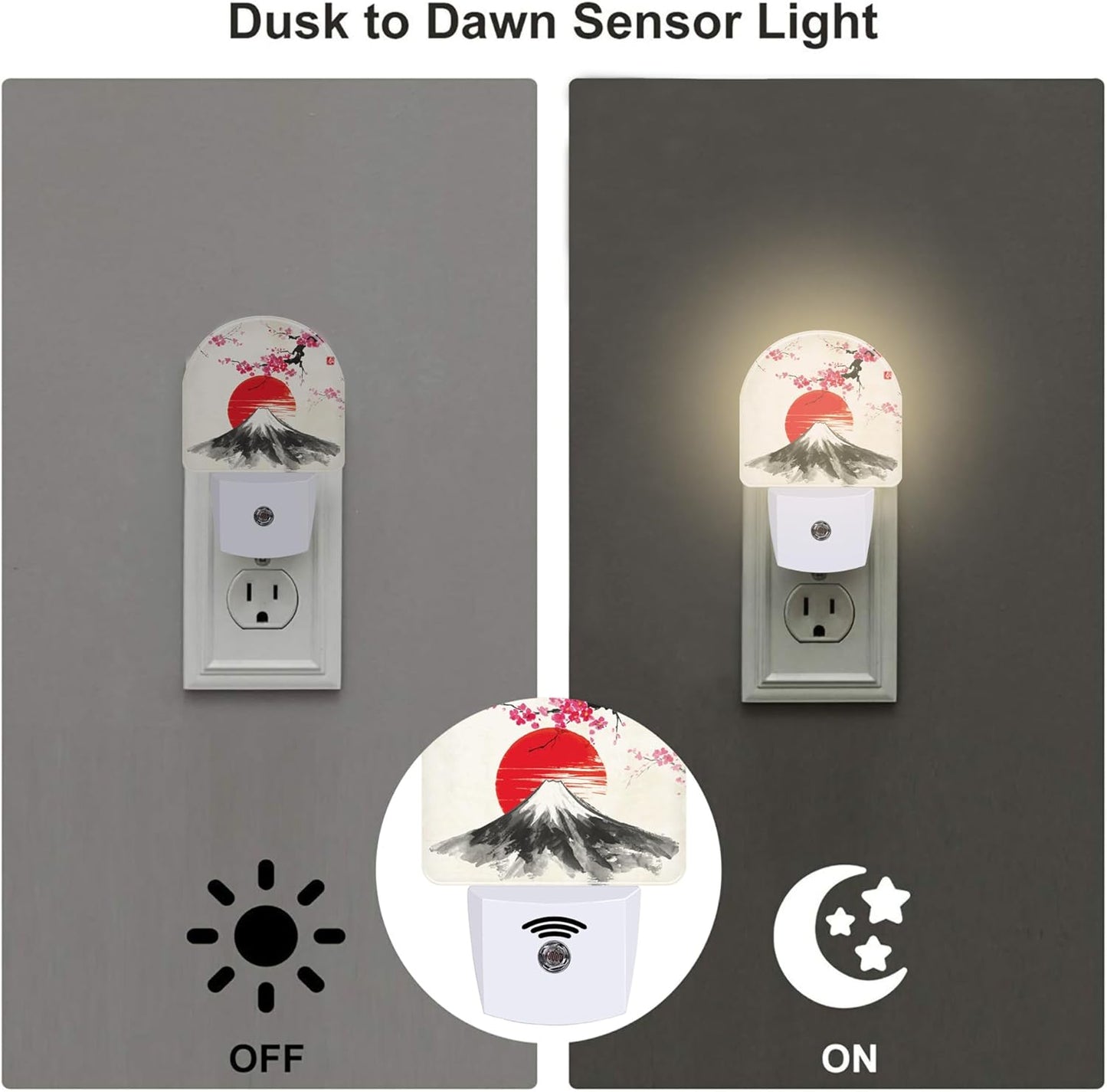 Cherry Blossoms Sun and Mountain Night Light Plug into Wall, Watercolor Ink Painting Dusk to Dawn Night Light,0.5w Energy Saving Friendly Nightlights for Kids Boys Girls Home