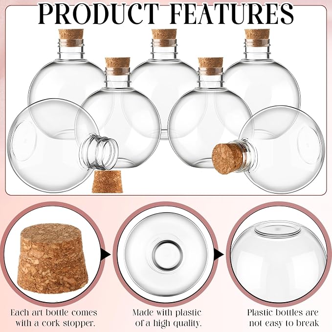 Jinei 30 Pcs 6 oz 200ml Ball Shape Plastic Sand Art Bottles Spherical Clear