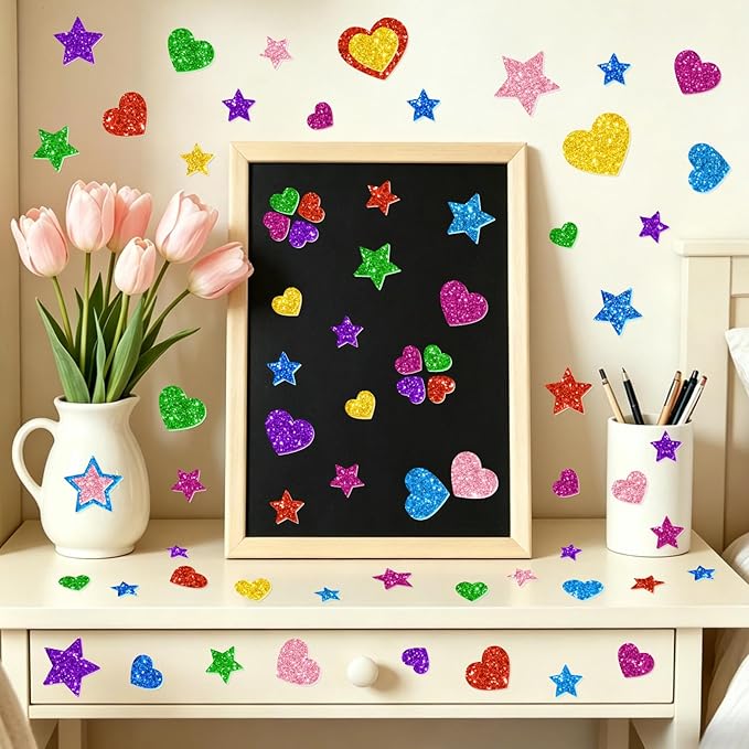 1000PCS Glitter Foam Stickers, Colorful Heart & Star Stickers, Self-Adhesive