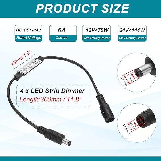 MECCANIXITY LED Strip Dimmer, 12V to 24V 6A Mini Brightness Adjustable Controller Lamp Switch with DC Plugs for Single Color Strips, Black Pack of 4