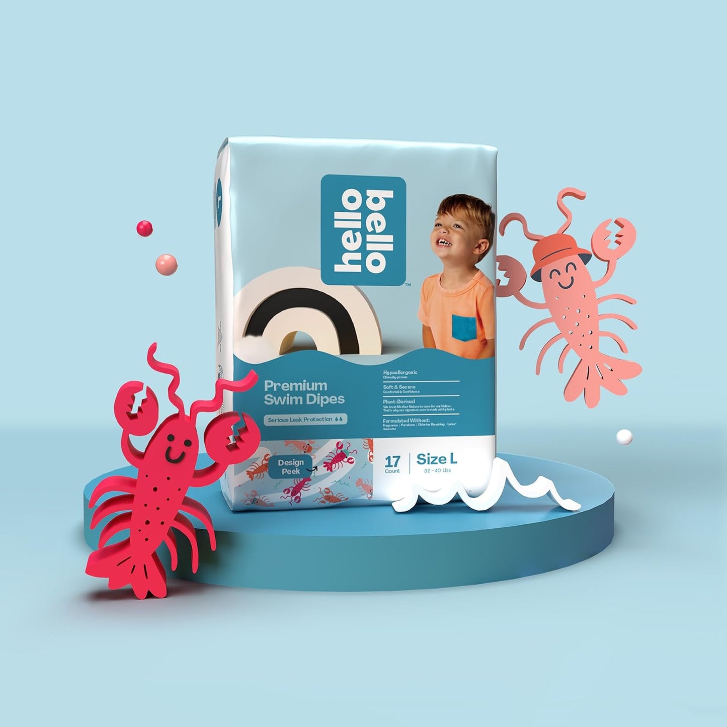 Hello Bello Swim Diapers Large | For 32-40 lbs | Lobster Design | Leak Protection | 17 Count, Pack of 4