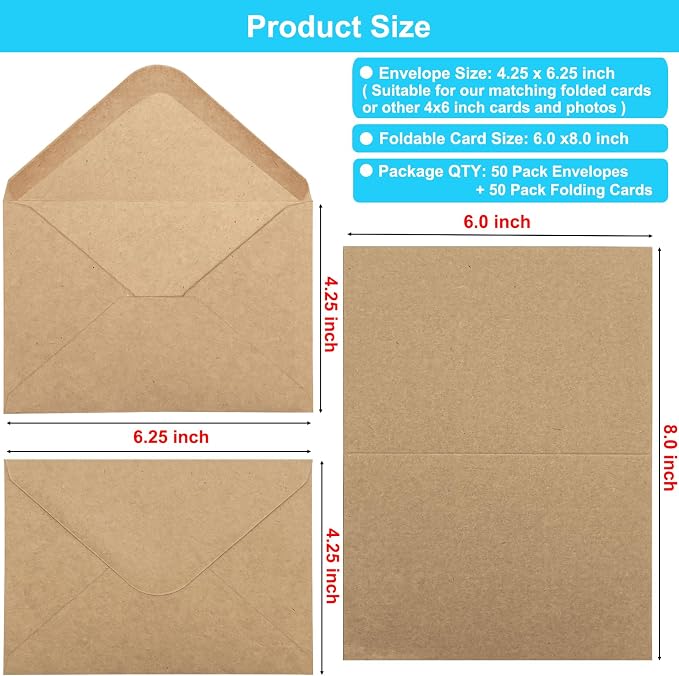 50 Pack Blank Cards and Envelopes 4x6, Folded Cardstock