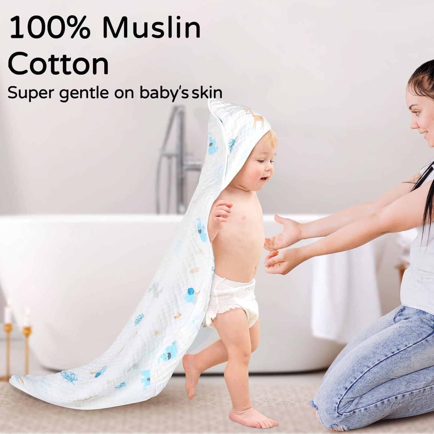 Yoofoss Hooded Baby Towels for Newborn 2 Pack 100% Muslin Organic Cotton Baby Bath Towel with Hood for Babies, Infant, Toddler and Kids, 32x32Inch, Soft and Absorbent Newborn Essential,Alpaca&Elephant