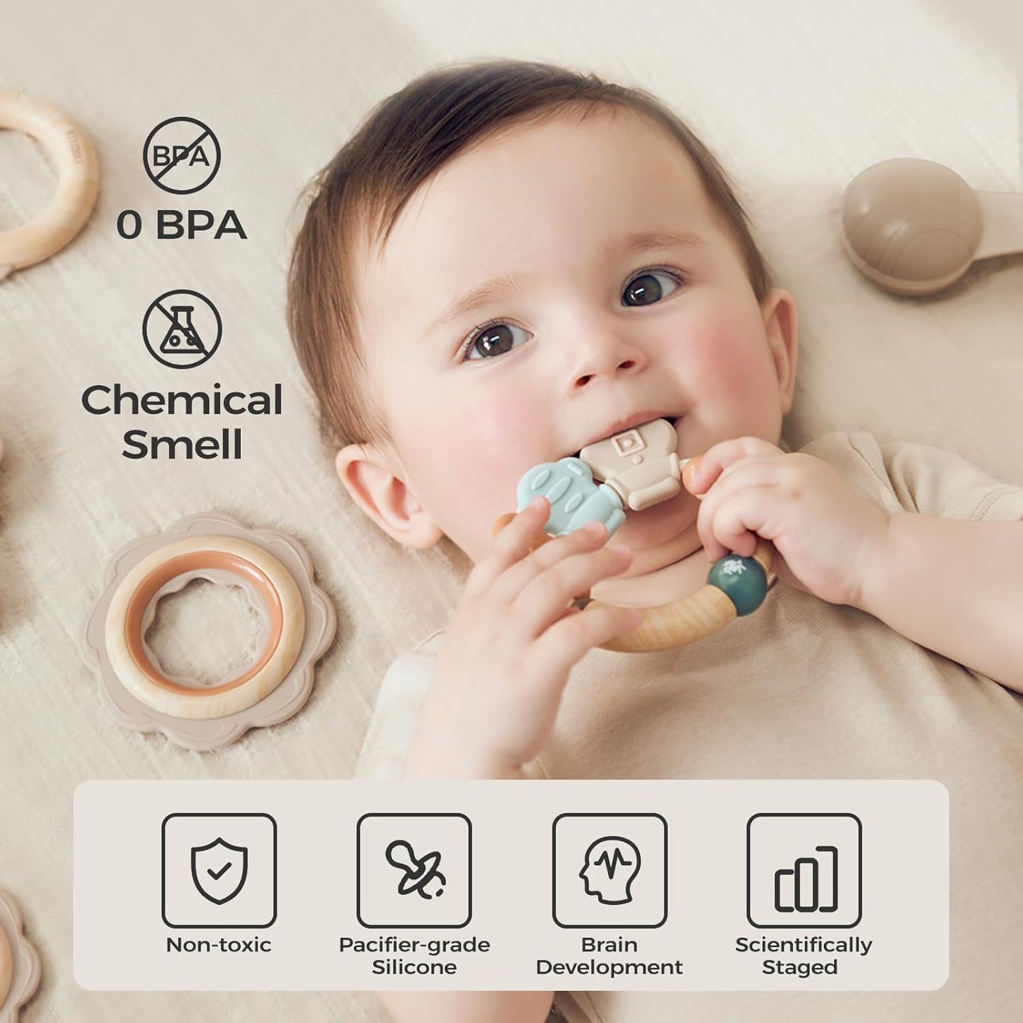 Evoceler Softness Staged Baby Teething Toys with Rattles for 0-6 Months (30° Super Soft, 50° Soft, 70° Regular) -10 Pcs Shaker Toys, Food-Grade Silicone Teethers for Babies 0-18+ Months, BPA Free