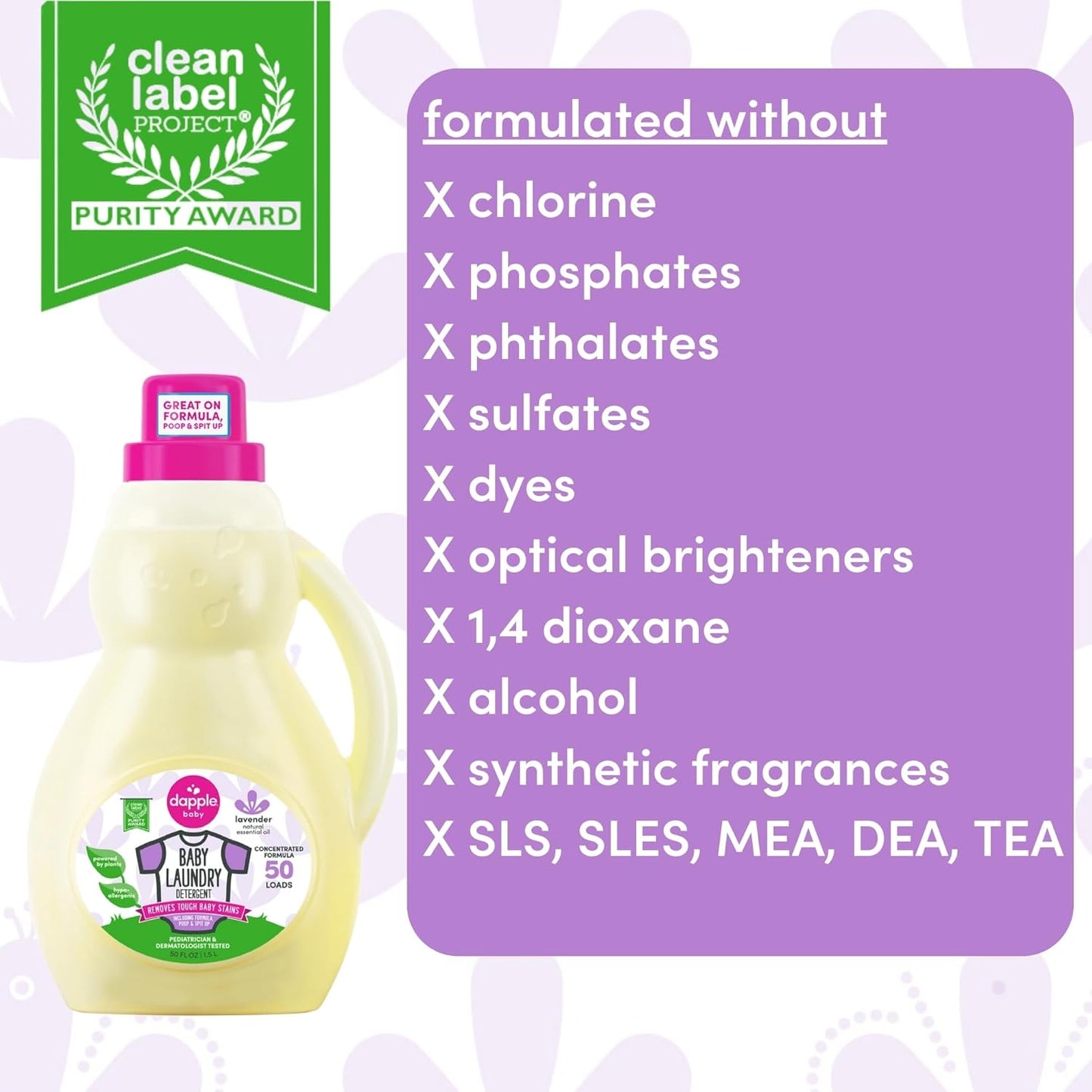 Dapple Baby Laundry Detergent, Powered by Plants, Concentrated, Hypoallergenic, Lavender, Stain Remover, 50 Fl Oz (2 Pack)