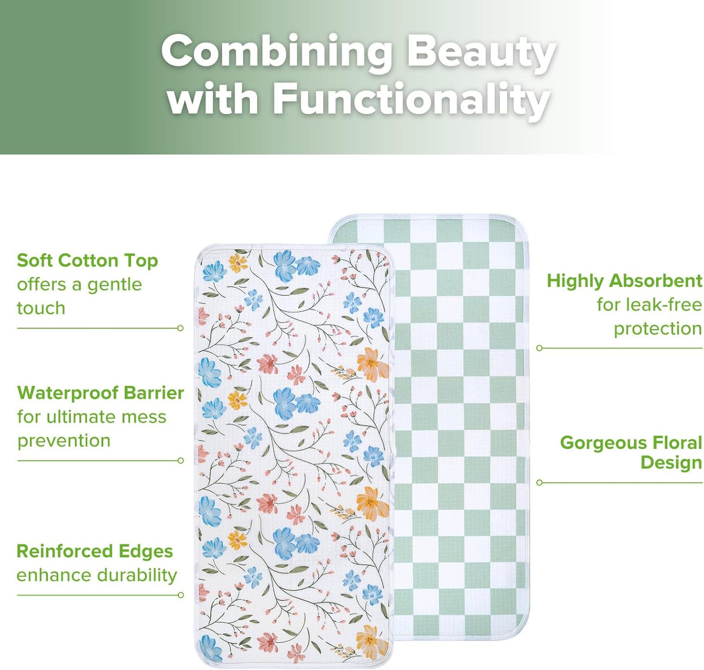 haakaa Waterproof Changing Pad Liners, 100% Cotton, Soft & Breathable (2pcs, 13" x 27.5" Garden Flow+Checkered Days)