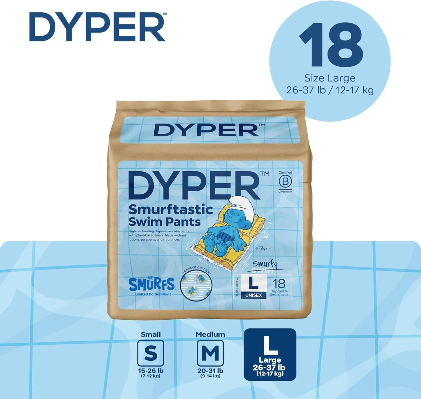 DYPER Smurftastic Baby Swim Diapers, Hypoallergenic Plant-Based Disposable Swim Diapers | Eco-Friendly & Absorbent Swimming Diapers for Babies, Size L (18 Count)