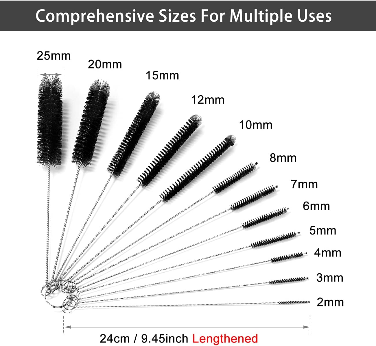 9.5 Inches Long Straw Cleaner Brush Set, 12 Pack Straw Pipe Cleaner Brush Set, Small Brushes for Cleaning Small Parts
