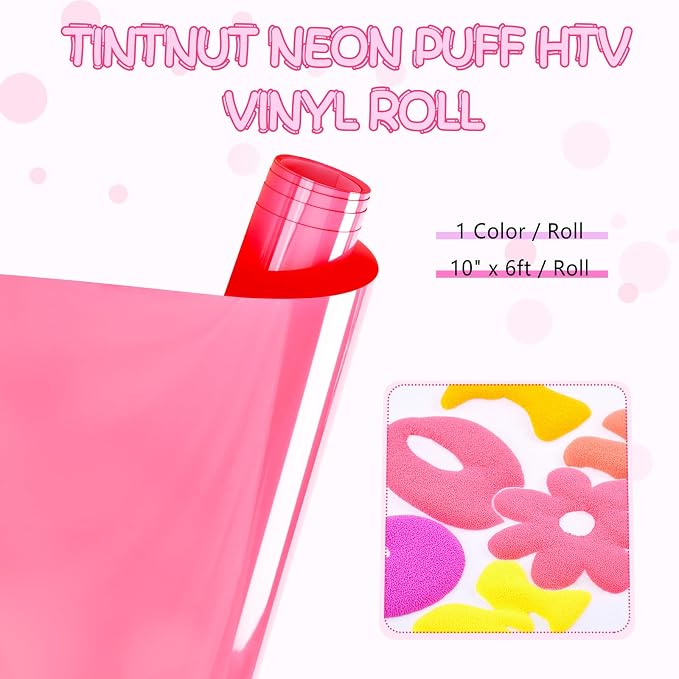 Tintnut Fuchsia Neon Puff Heat Transfer Vinyl Roll, easy cut & weed, stretch
