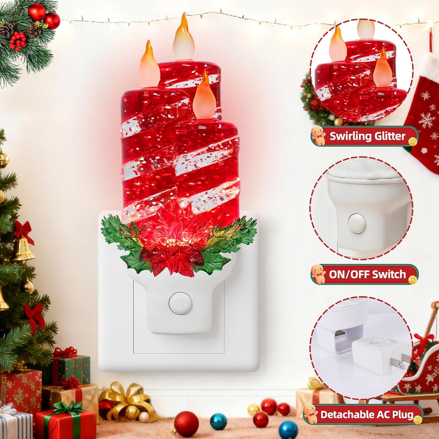 Christmas Candle Night Light Plug into Wall Swirling Glitter USB Portable Christmas Decorative Night Light Decoration for Kids Adults Bedroom Kitchen Living Room Holiday Decor (Red Candles)
