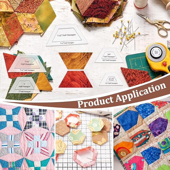 BENECREAT 16 Pcs Half Hexagon Quilting Template, Transparent Patchwork Stencil
