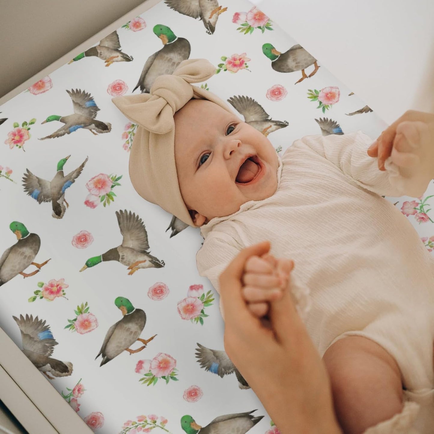 Mallard Ducks Boho Floral Changing Pad Covers for Baby Girl Boy Green Duck Spring Fitted Change Table Cover Mats Wild Duck Hunting Soft Diaper Changing Table Sheets 32''×16''