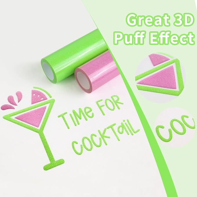 Glitter Puff Vinyl Heat Transfer, Neon Green Puff HTV Iron on Vinyl 12"x5ft |