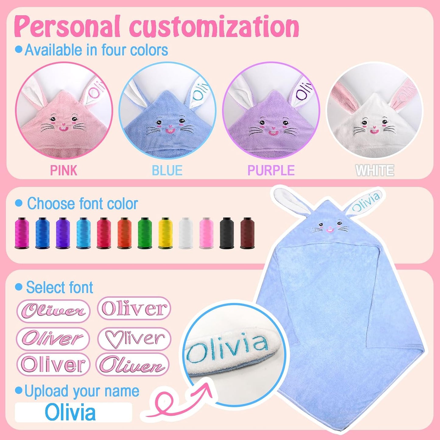 Custom Hooded Baby Towel with Name, Baby Bathrobe for Girls Boys, Personalized Soft Absorbent Bunny Toddler Towel, Easter Brithday for Kids, Baby, Toddler, Newborn Newmom Essential