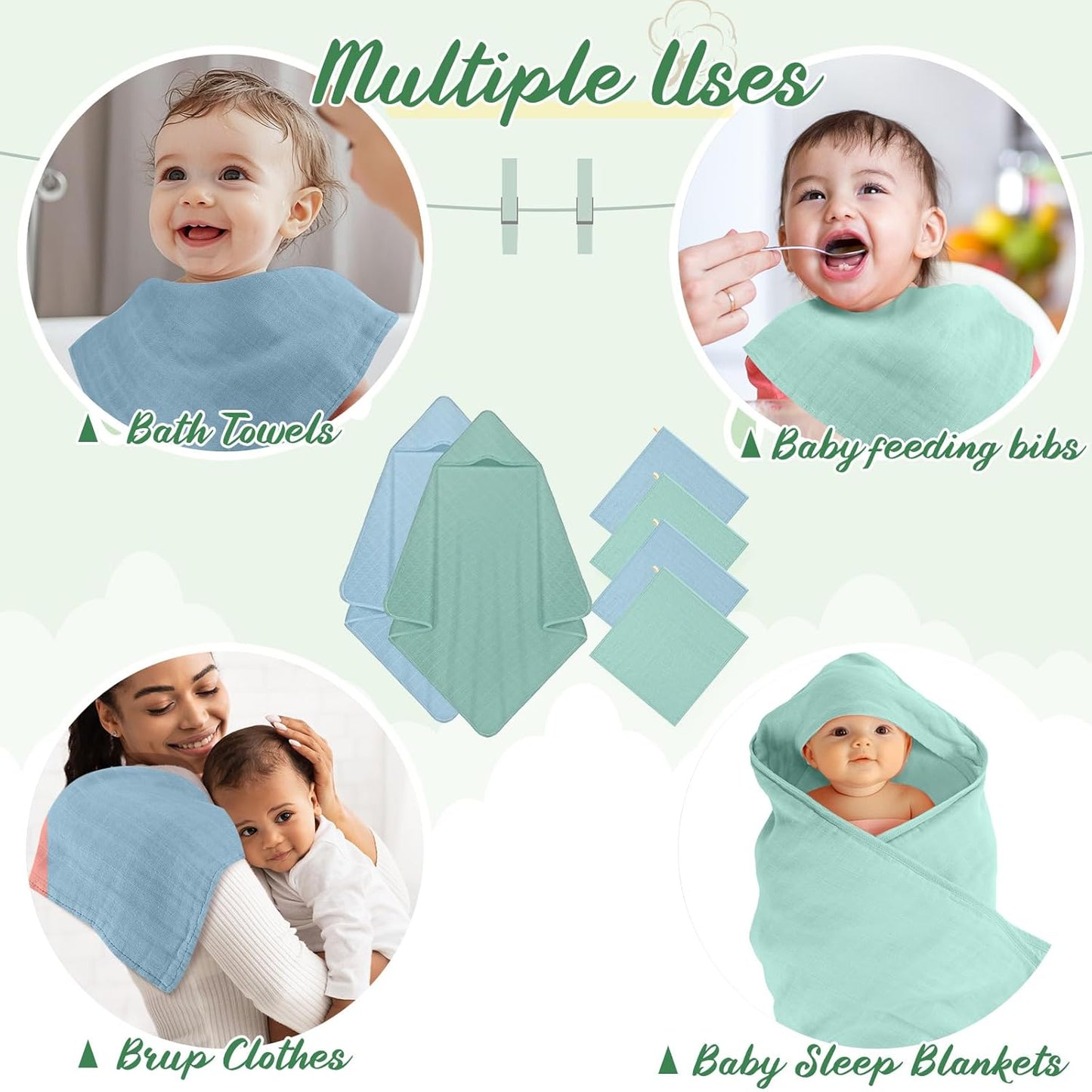 Preboun 6 Pcs Muslin Hooded Baby Towels and Washcloths 32"x 32" Cotton Newborn Bath Towel Anti-Shrink Infant Baby Blankets with Hood 12"x 12" Washcloths for Girl Boy Toddler(Light Blue,Light Green)