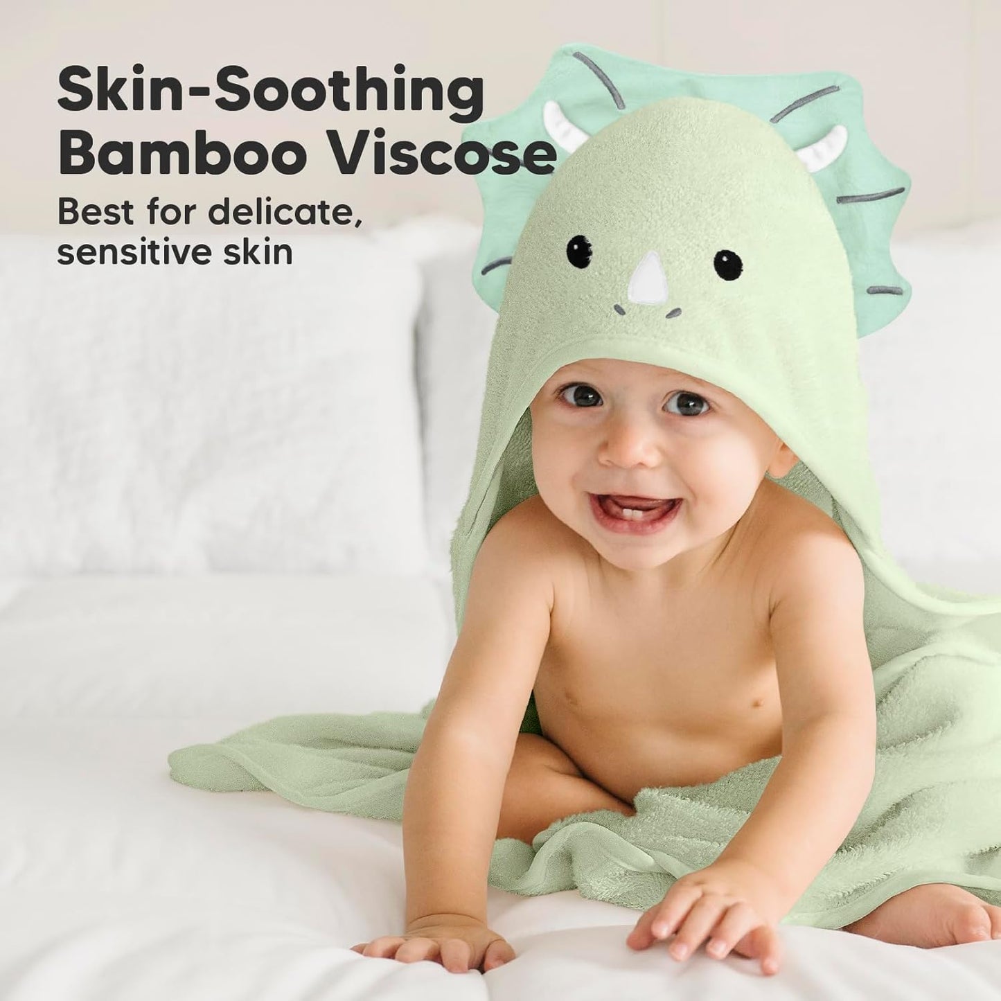 KeaBabies Hooded Baby Towel for Newborn - Viscose Derived from Bamboo Large Baby Bath Towels with Hood for Boys, Girls, Toddler, Extra Absorbent & Soft Newborn Bath Essentials (Triceratops, Regular)
