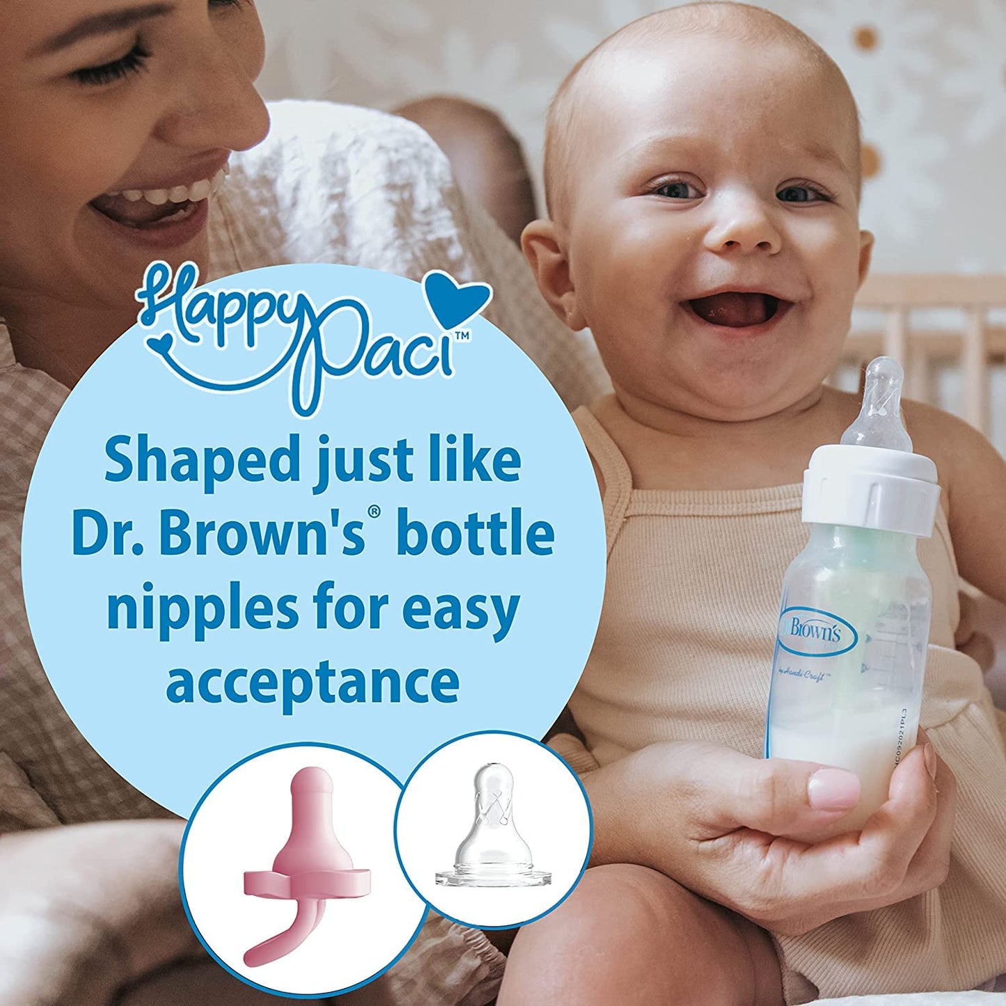 Dr. Brown's HappyPaci 100% Silicone, Newborn Baby Pacifiers 0-6 Months, BPA Free, White, Pink, Light Pink, Cool Gray, Green, and Ecru, 6 Pack