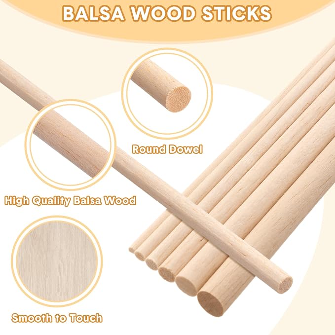 215 Pieces Balsa Wood Sticks Wooden Dowel Rods 1/8, 1/2 Inch Round Hardwood