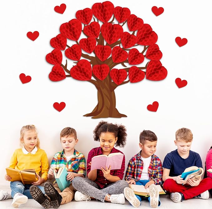 JarThenaAMCS 50Pcs Valentine' s Day Tree Bulletin Board Set 3D Heart Honeycomb