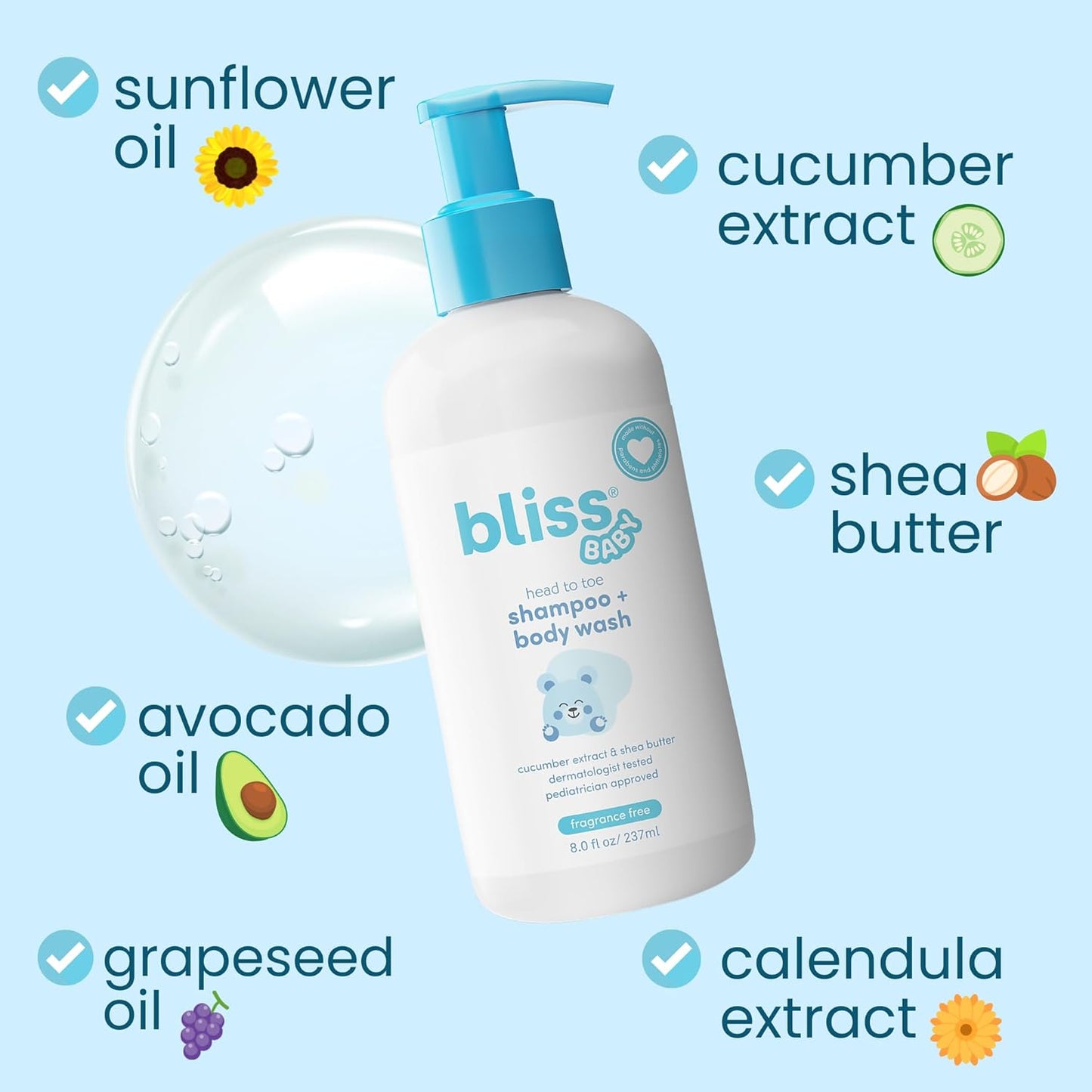 Bliss Baby Shampoo and Body Wash, Premium 2-in-1 For Babies, Toddlers & Kids, Unscented & Hypoallergenic - Gentle Baby Soap - Vegan, Hydrating For Sensitive Skin - Avocado, Shea Butter & Calendula