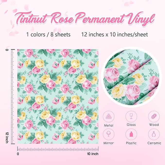 Tintnut Rose Permanent Vinyl 12x10in 8 Sheets Adhesive Vinyl Pink Green |
