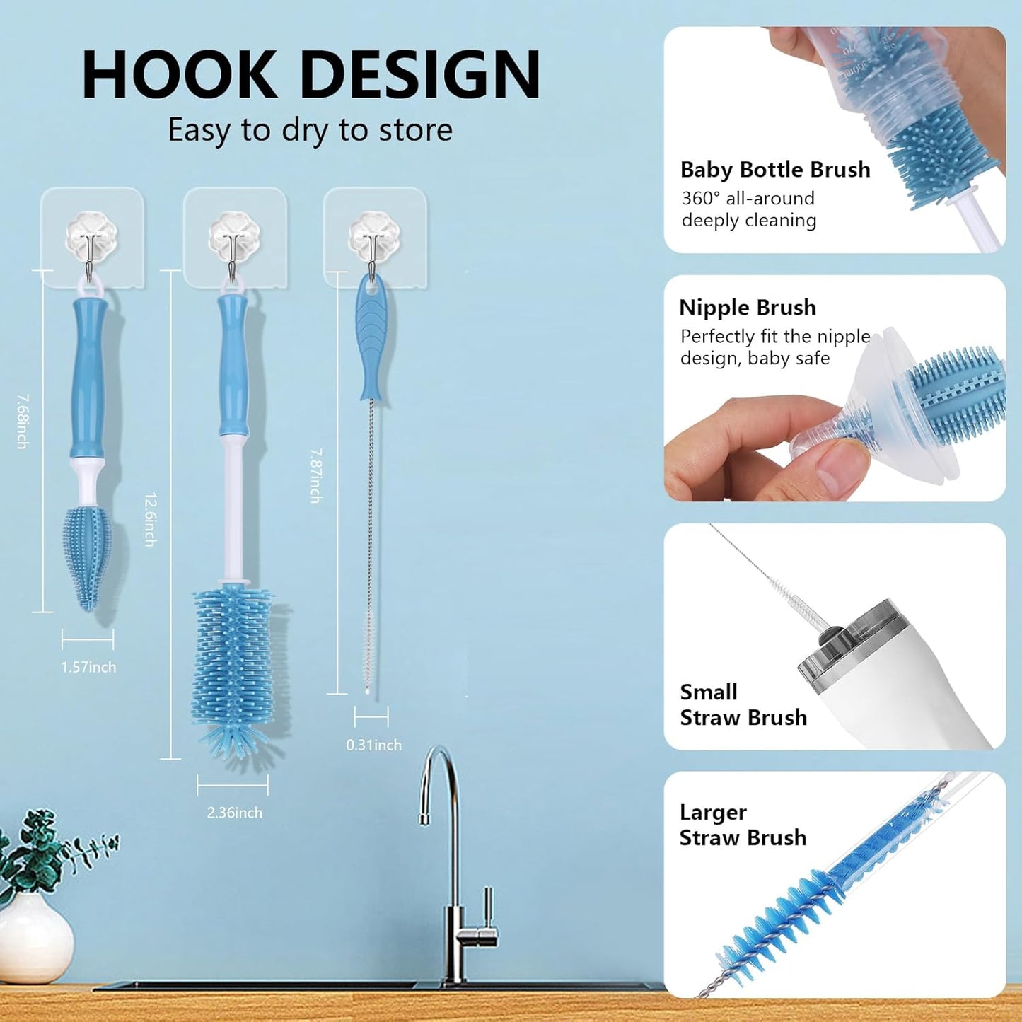 Silicone Bottle Cleaning Brush,Baby Travel Essential Bottle Brush Set, 3 in 1 Silicone Brush, Nipple Brush, Straw Brush